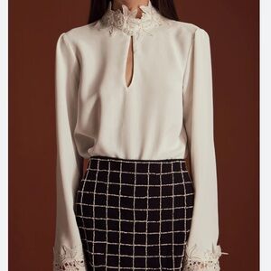 ZARA chiffon blouse top crochet appliques open back keyhole front white sz small